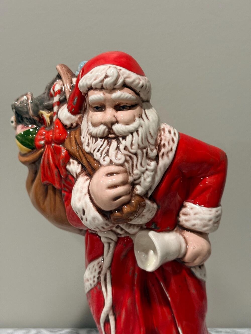 Vintage Hand Painted Piece Ceramic Santa Figurine Christmas Decor Toy Sack